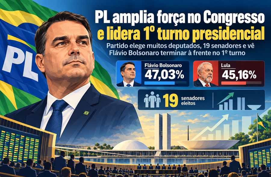 PL amplia força no Congresso e termina 1º turno com Flávio Bolsonaro na liderança da disputa presidencial